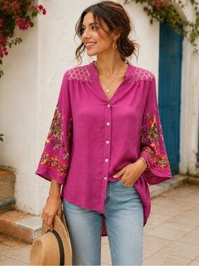 Anthropologie Fig & Flower Size S Purple Embroidered Boho Hi-Low Blouse Top